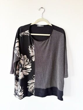Alembika Mixed Print Lagenlook Oversized Tunic Top Black Gray Floral Jersey Box